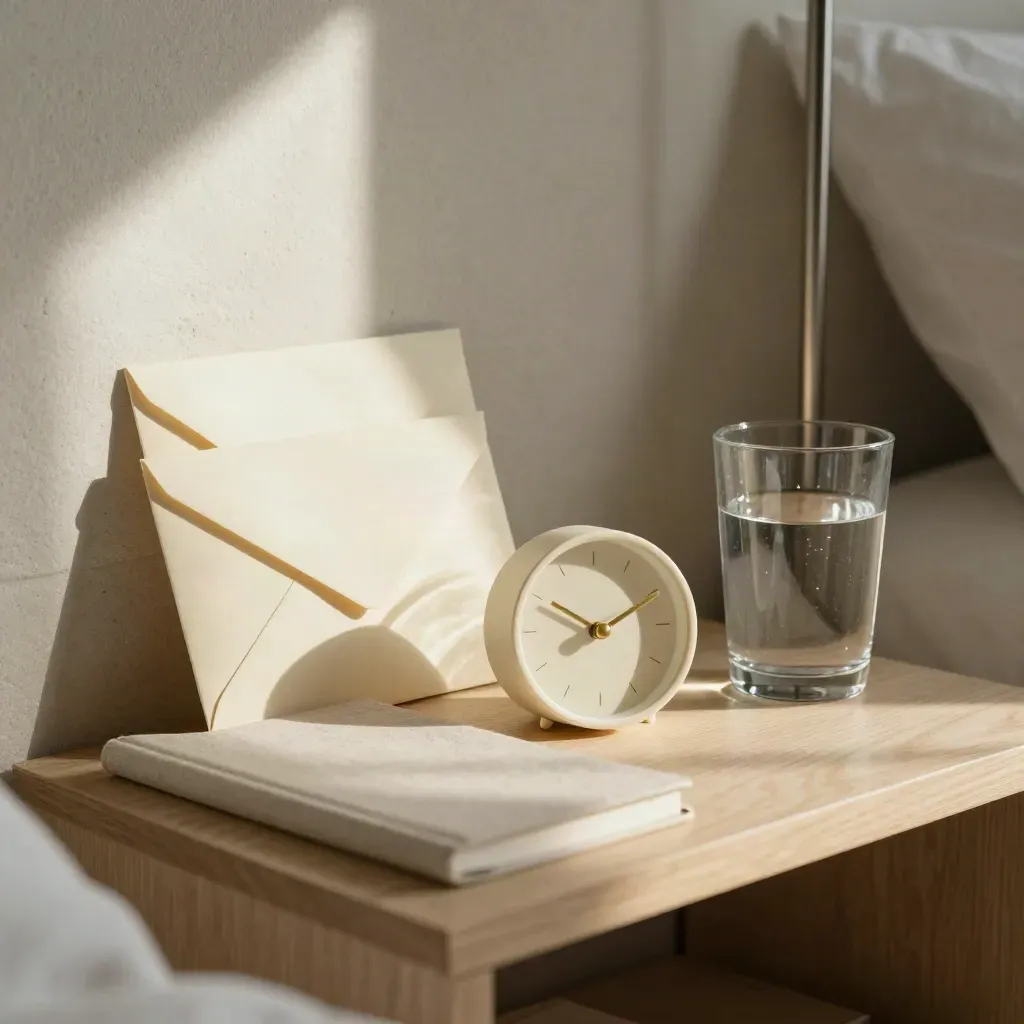 Estante de noche con sobres recordatorios, reloj pequeño, vaso de agua y cuaderno cerrado.
