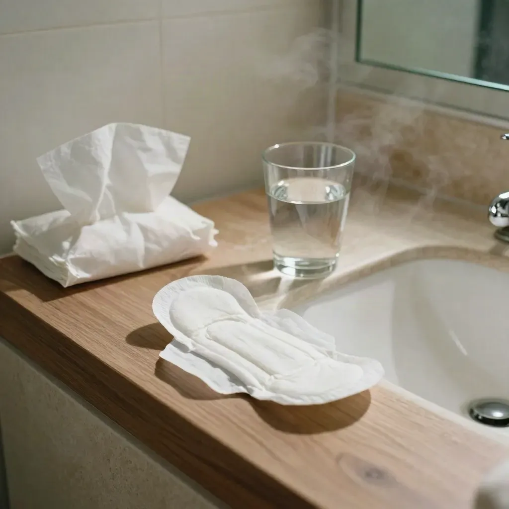 Encimera de baño con compresa doblada, pañuelos, vaso de agua y espejo, en luz suave.