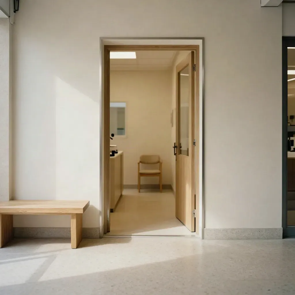 Entrada luminosa de una clínica madrileña con banco de madera y silla vacía junto a la puerta abierta.