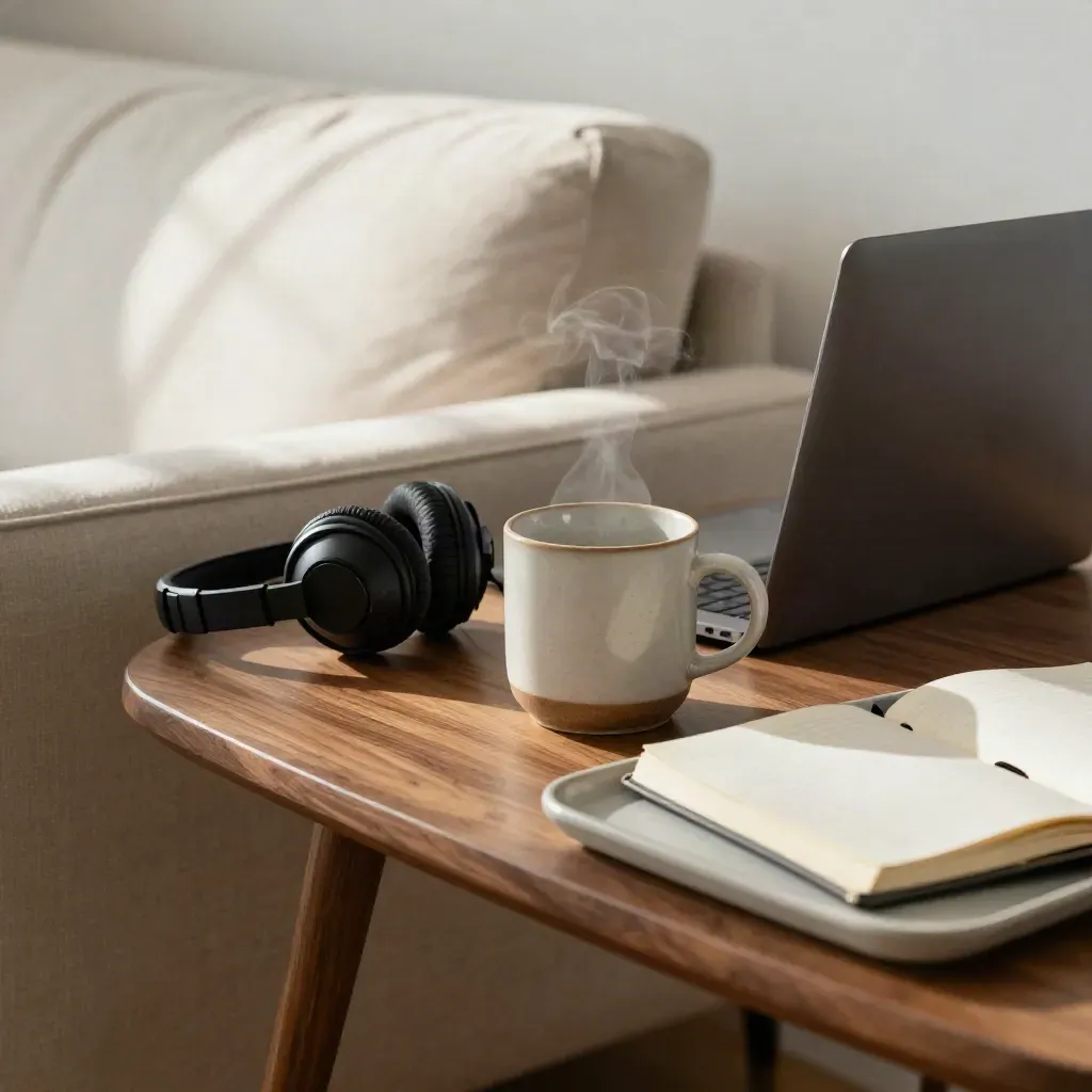 Mesa de casa con portátil cerrado, auriculares, taza humeante y libreta boca abajo para seguimiento online.
