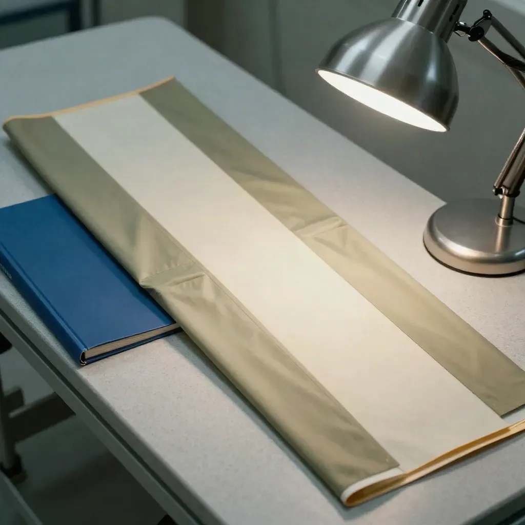 Sobres de portaobjetos, carpeta cerrada y lámpara de revisión sobre mesa clínica con luz lateral.