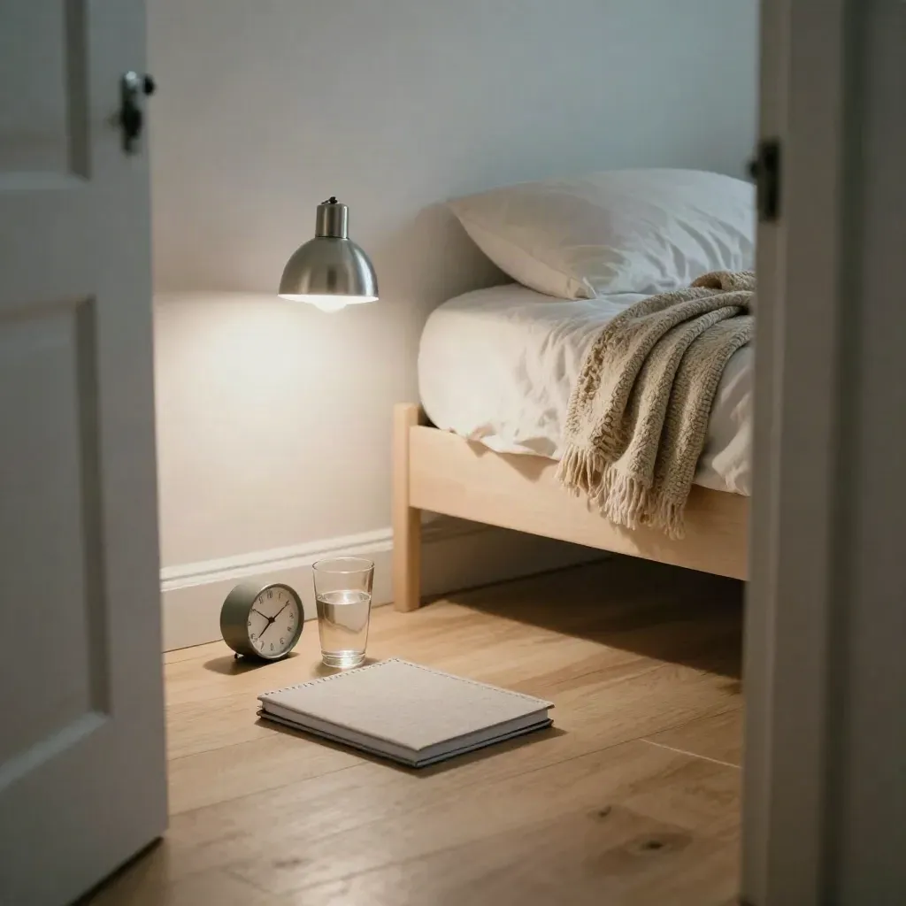 Rincón de dormitorio con cuaderno de síntomas cerrado, vaso de agua, reloj y manta doblada.