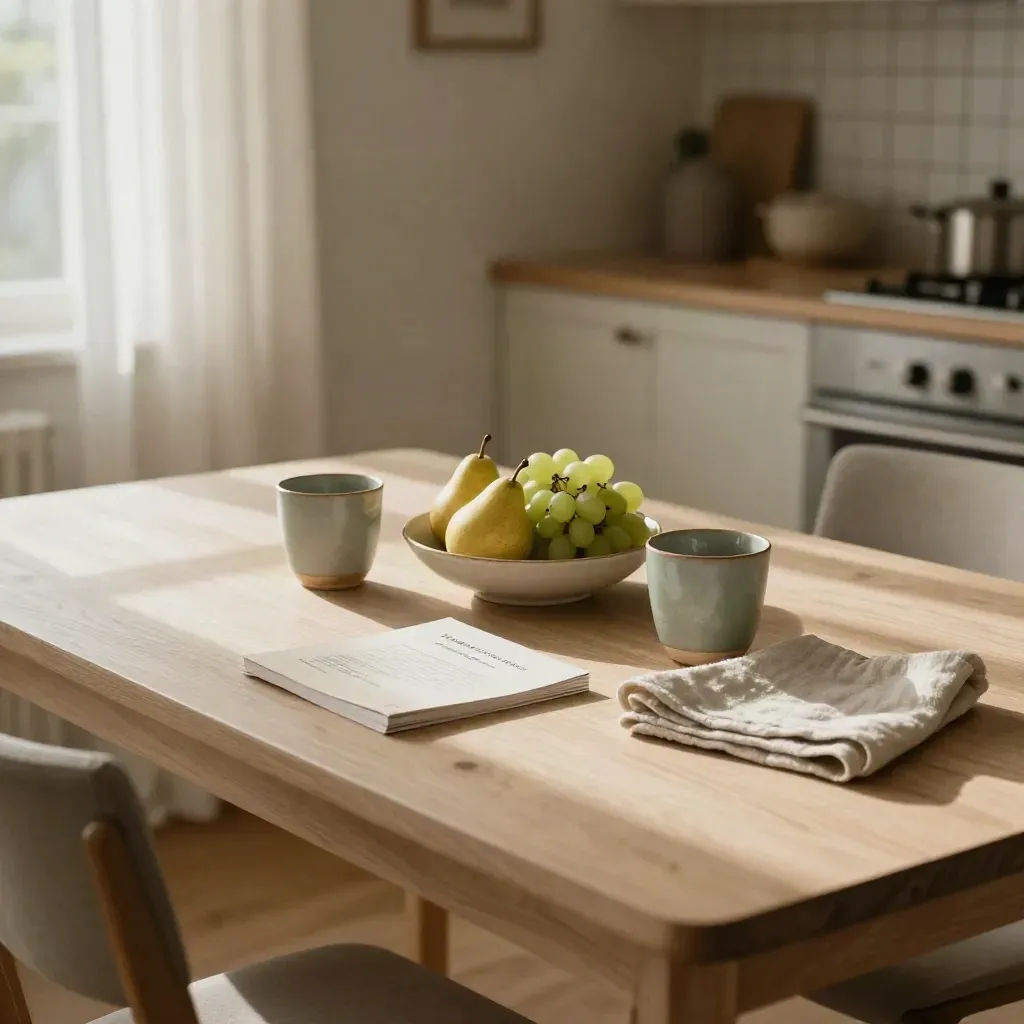 Mesa familiar soleada con tazas, frutas, guía cerrada y lino doblado.