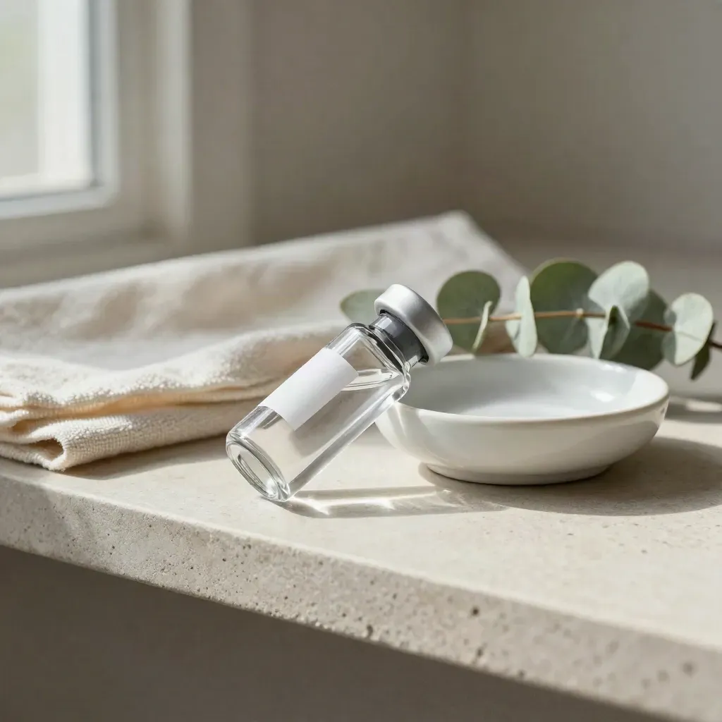 Vial de biopsia de vidrio con capuchón blanco, lino, plato cerámico y eucalipto sobre piedra clara
