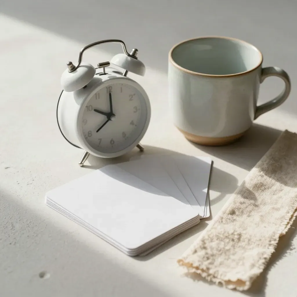 Reloj blanco, tarjetas apiladas, taza cerámica y lino sobre yeso claro, estilo clínico minimalista.